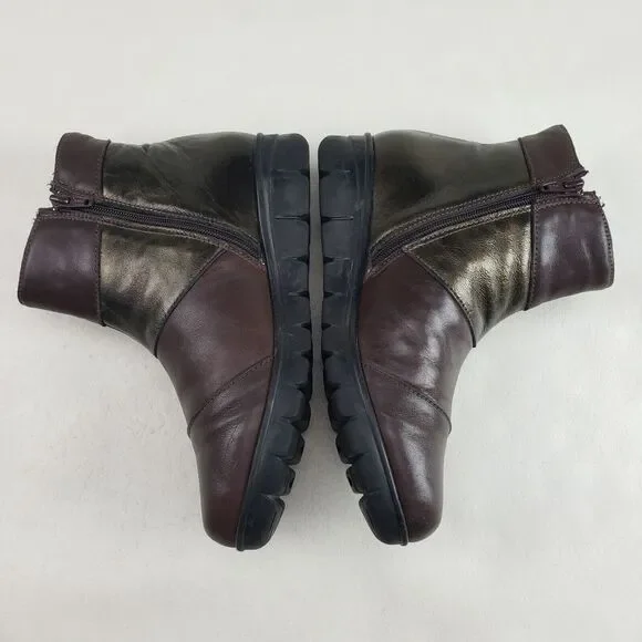 Onfoot Leather Ankle Wedge Boot Womens 6.5 EU 37 Brown & Gold Side Zip Spain